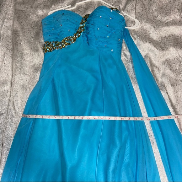 Tiffany Designs Bright Light Blue & Gold One Shoulder Maxi Formal Prom Dress - Picture 2 of 12